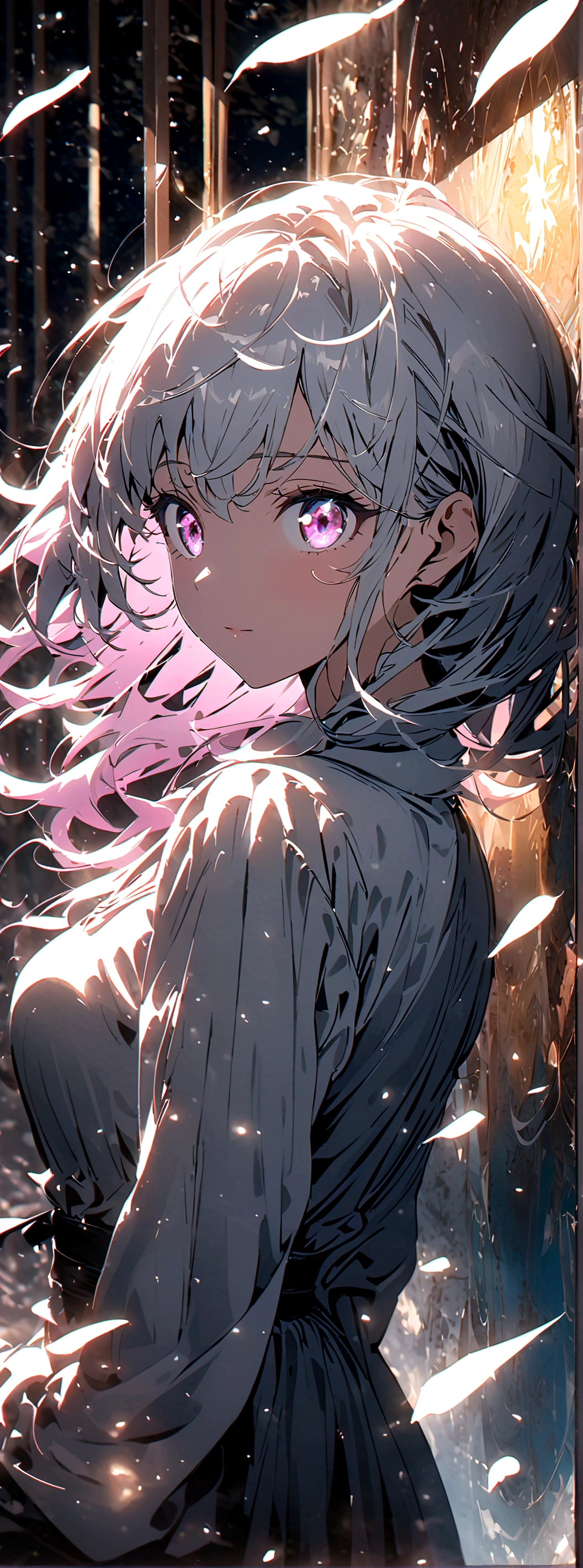anime style, 8k, top quality, Masterpiece, super detailed,A stunning silver-haired girl with large pink eyes, in a magical setting illuminated by gentle light. The background is filled with shimmering light particles and reflections. Her hair and eyes catch the light beautifully, and she wears an elegant, simple outfit. Her expression is both kind and mystical. Created Using: bright and clear color palette, soft light and shadow, detailed rendering, starry reflections in eyes, hd quality, vivid style,high speed shutter , long exposure , light trail