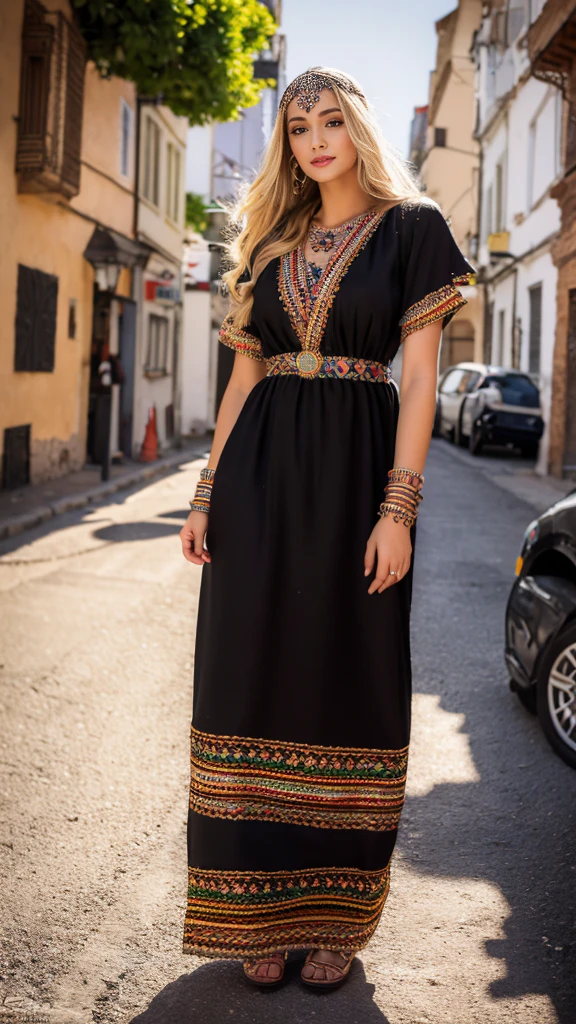 beautifull hot german blonde, robe kabyle, berber, amazigh dress, kabyledress, tizi ouzou, berber outfil, kabylegirl, bijoux, street background, full body, realistic,black robe