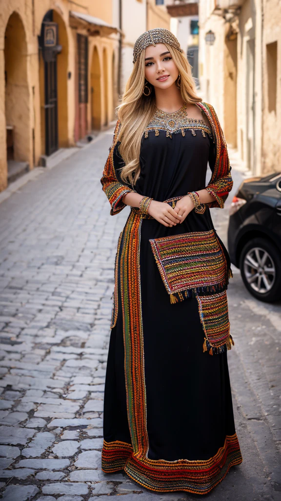 beautifull hot german blonde, robe kabyle, berber, amazigh dress, kabyledress, tizi ouzou, berber outfil, kabylegirl, bijoux, street background, full body, realistic,black robe