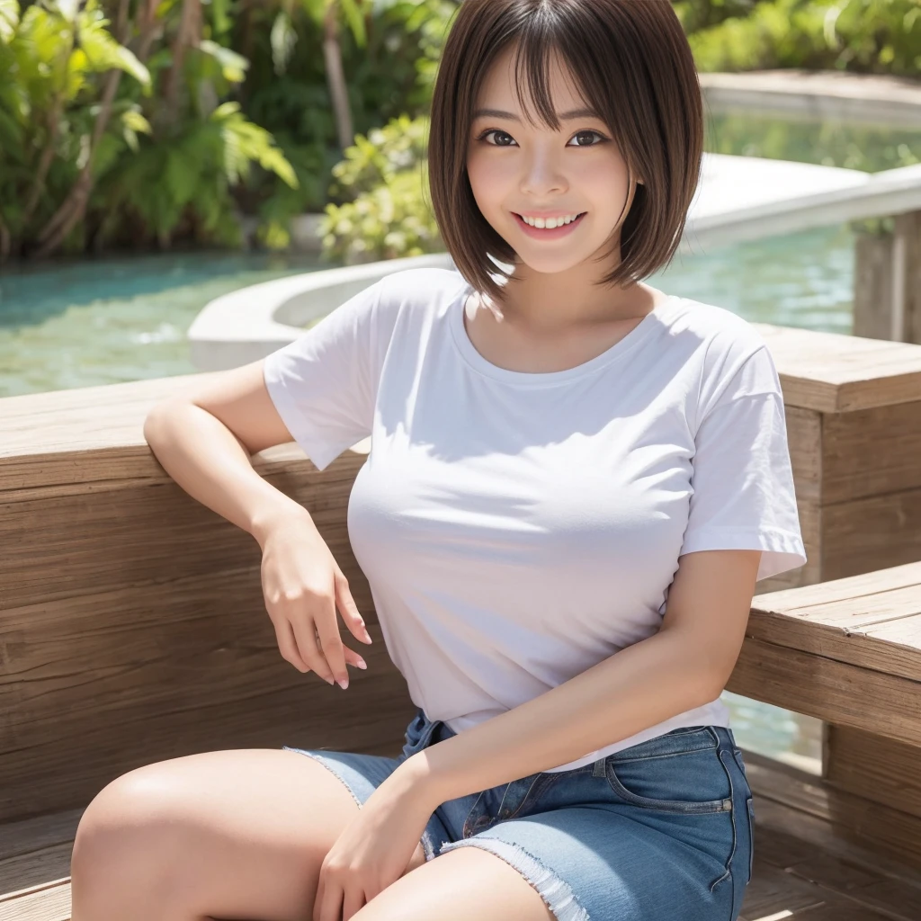 ((Highest quality)), ((masterpiece)), (be familiar with), Perfect Face, Japanese women,Big eyes, round face, smiling face,Short Hair,Large breasts, White t-shirt and short jeans，coastal，Seated upper body