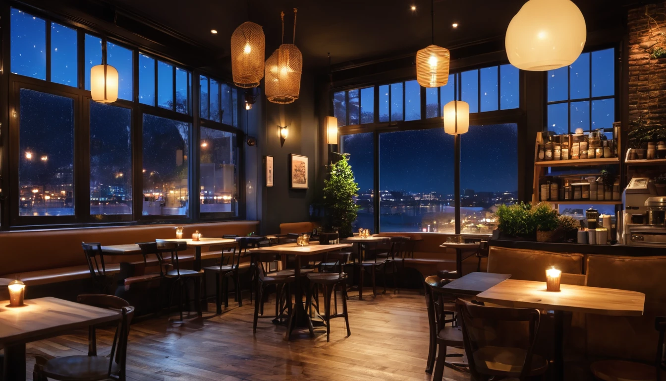 cozy coffee shop interior at night with a big window in the center