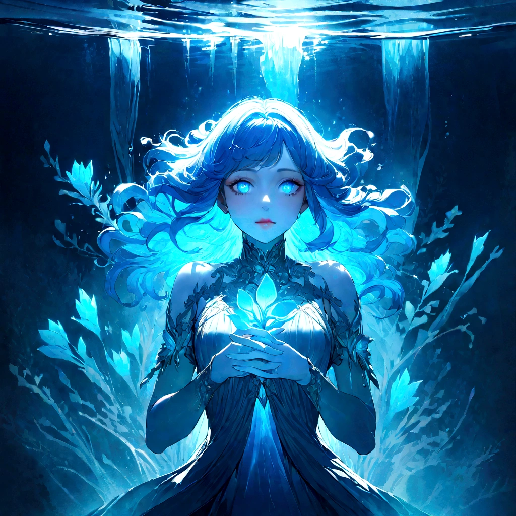 Genazi, made of water, woman with water-colored skin and flowing blue hair, beautiful detailed eyes, beautiful detailed lips, very detailed face, Long eyelashes, graceful pose, underwater scene, glowing bioluminescent plants, ethereal lighting, Cinematic, Dramatic, bright colors, fantasy, digital painting, 8 k, hyper detailed, masterpiece