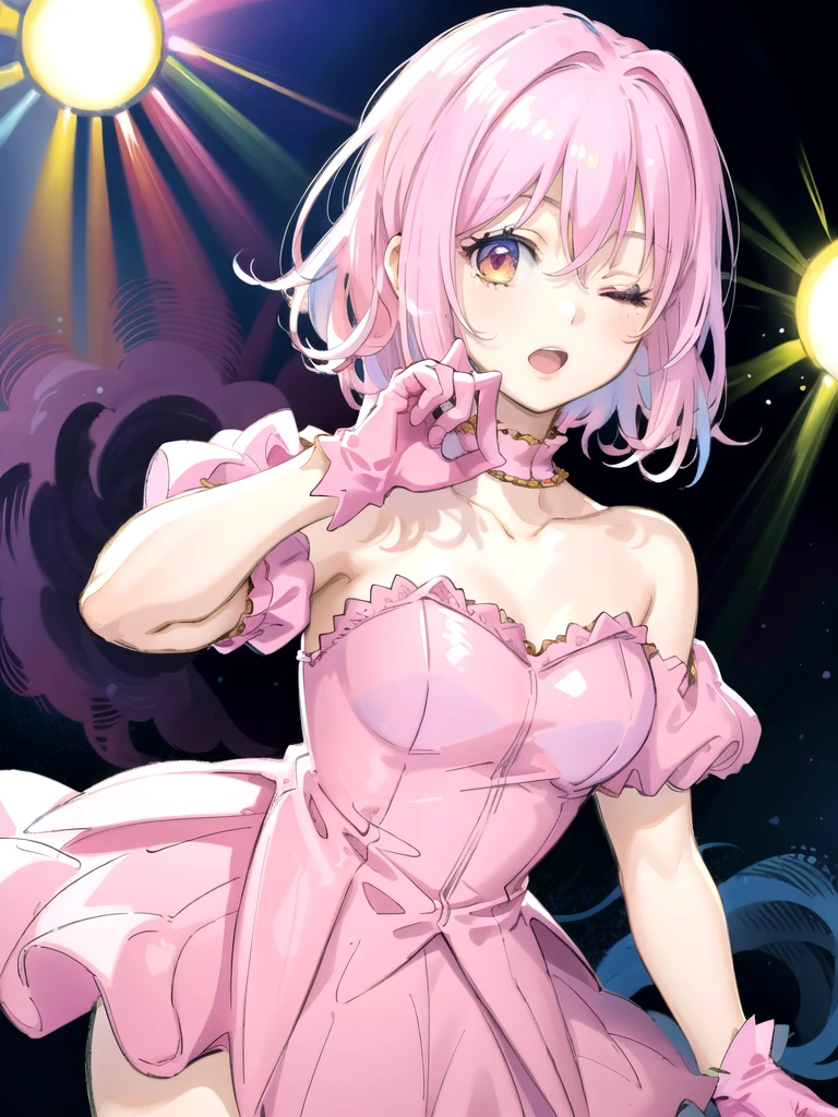 (illustration:1.1),(best quality),(masterpiece:1.1),(beautiful and clear background:1.25),(masterpiece, best quality, ultra-detailed), (photorealistic), (beautiful detailed eyes),
stage,stage lights,(pink hair,red hair),
1girl,solo,looking at viewer,cowboy shot, upper body,
uehara ayumu, yellow eyes, frilled dress, pastel pink dress,light smile,depth of field,(pastel pink gloves:1.4),frilled gloves,swept bangs,
bare shoulders, one eye closed,round teeth,
ai's pose,double v,