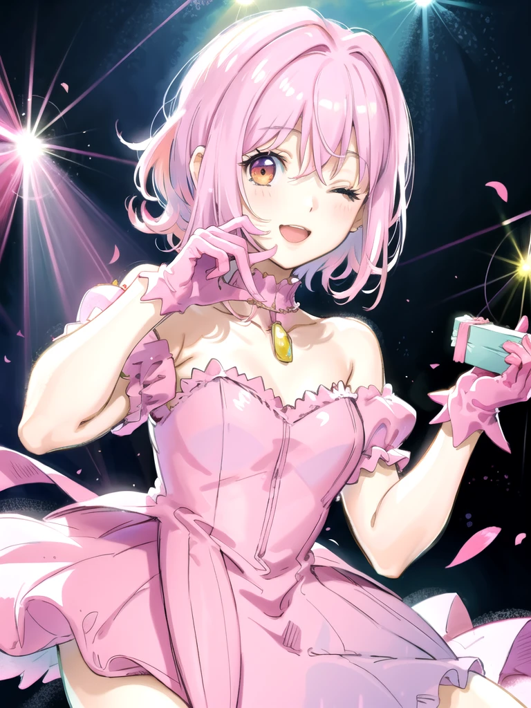 (illustration:1.1),(best quality),(masterpiece:1.1),(beautiful and clear background:1.25),(masterpiece, best quality, ultra-detailed), (photorealistic), (beautiful detailed eyes),
stage,stage lights,(pink hair,red hair),
1girl,solo,looking at viewer,cowboy shot, upper body,
uehara ayumu, yellow eyes, frilled dress, pastel pink dress,light smile,depth of field,(pastel pink gloves:1.4),frilled gloves,swept bangs,
bare shoulders, one eye closed,round teeth,
ai's pose,double v,