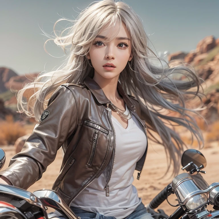 Riding a Harley Motorcycle、Running in the desert、Hair flow、 ((Highest quality、masterpiece、8K、Best image quality、Ultra-high resolution、Award-winning works)、(Close-up of a woman'face:1.35)、(裸faceのクローズアップ:1.3)、(Accurate anatomy:1.1)、(Look at me and smile:1.1)、Shining fair skin with Ultra-high resolution、最も詳細なface、Ultra-high resolution detailed face、Ultra-high resolutionの髪の毛、(Ultra-high resolutionの煌めく瞳:1.1)、細部まで描かれた美しいface、(Realistic Background:1.1)、