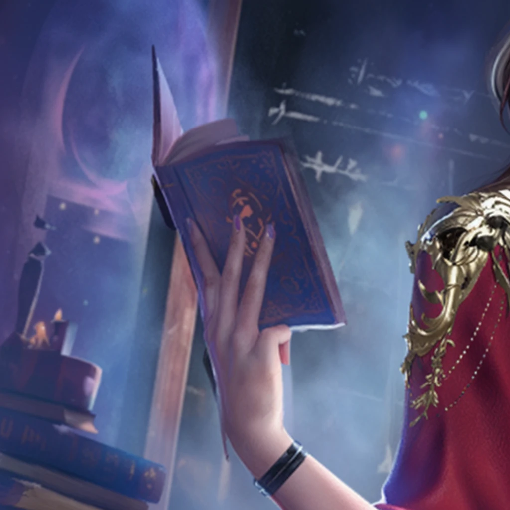 A woman's hand，Red painted nails，Holding a magic book，Game CG，8K