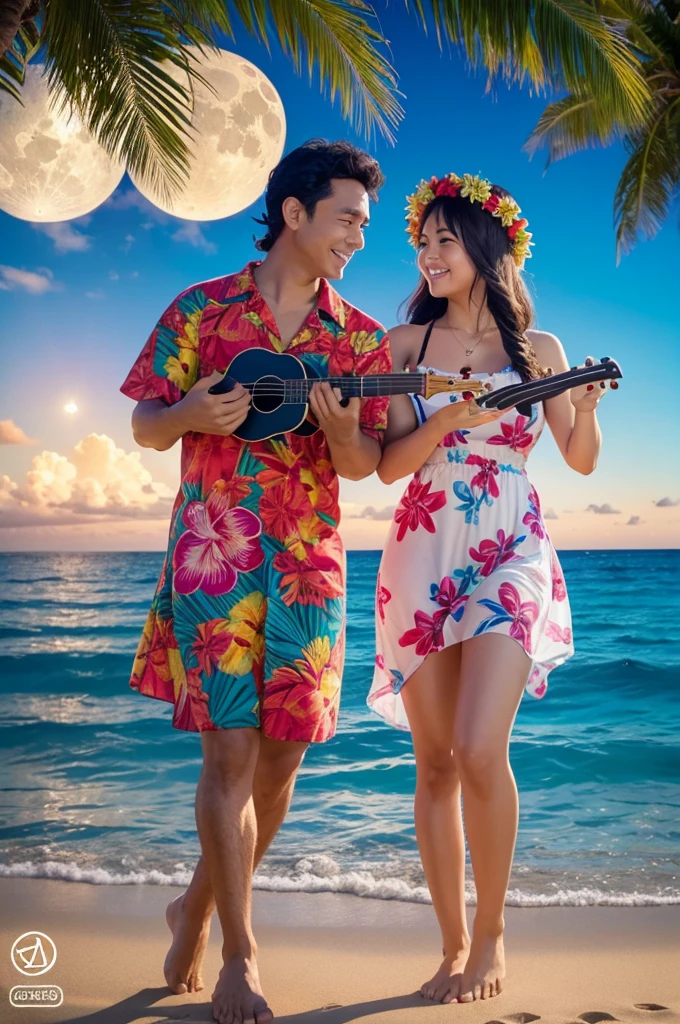 fluffy、cute、3DCG、Beautiful beach and ocean ripples、A cat dancing hula in a muumuu costume、A black American Cocker Spaniel dog wearing an aloha shirt and playing the ukulele、Two lovers dancing the hula gracefully while making eye contact on the beach on a full moon night、Playing the ukulele together、Illuminated by the lights of an old Hawaiian house。