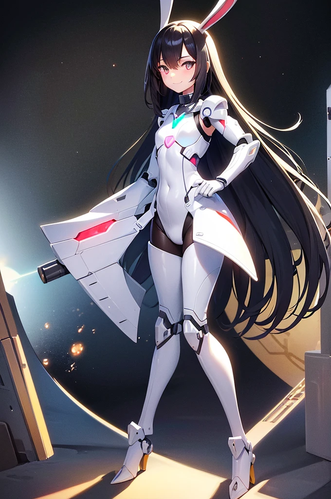 Perfect human body modeling, 1 girl, cute girl, pretty face, bitter smile, 12 years old, Beautiful black long hair, beautiful eyes, flat chest, small build, No muscles, white skin, Rabbit ears in robot style, powered armor, full armor, powered leg, metroid armor, Space suits, planetary exploration