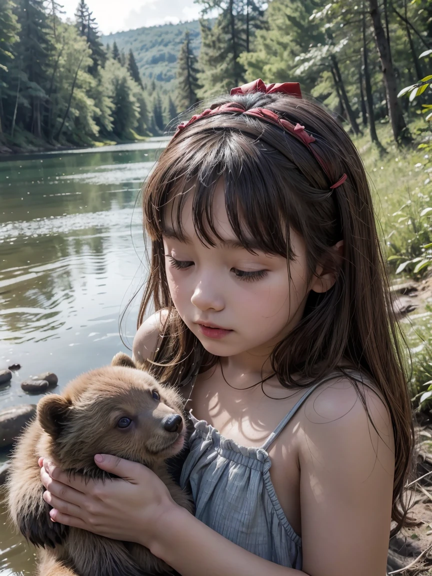 (Best quality), girl about 11 years old, close-up, In the woods, on riverside, hut, girl in a short gray dress, Ancient Style, there are two live bear cubs on the shore, noon, Beautiful landscape, without headdress, girl plays with live bear cubs