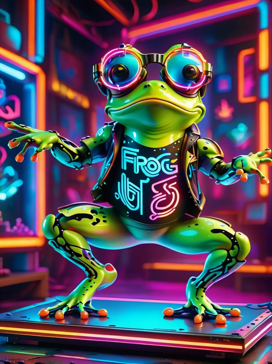 (Frog glasses:1.3)，A digital illustration of a cartoon frog in a vibrant virtual reality world where neon lights and colorful holograms dominate. Inspired by pop art and graffiti, the frog displays a dynamic dancing pose. The scene incorporates elements of digital painting and glowing effects evoking an atmosphere that resembles the style of cyberpunk culture with an explosive energy