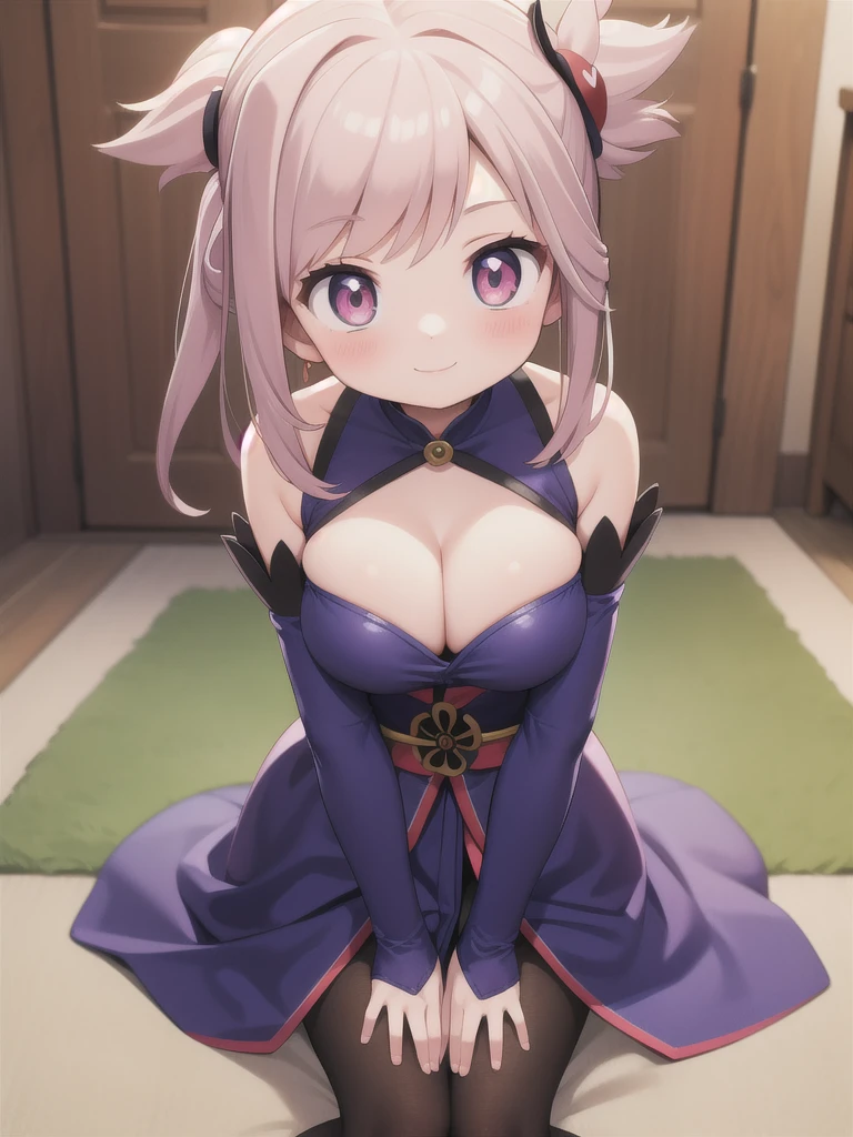 master-piece, bestquality, 1girls,, View viewers from the up, sit down, leaning forward, horny, HD, slight smile, big tits, cleavage, tights cloth, heart shape pupille, tiny body, bare shoulders, detached sleeves, elbow sleeve, miyamoto musashi, asymmetrical hair,