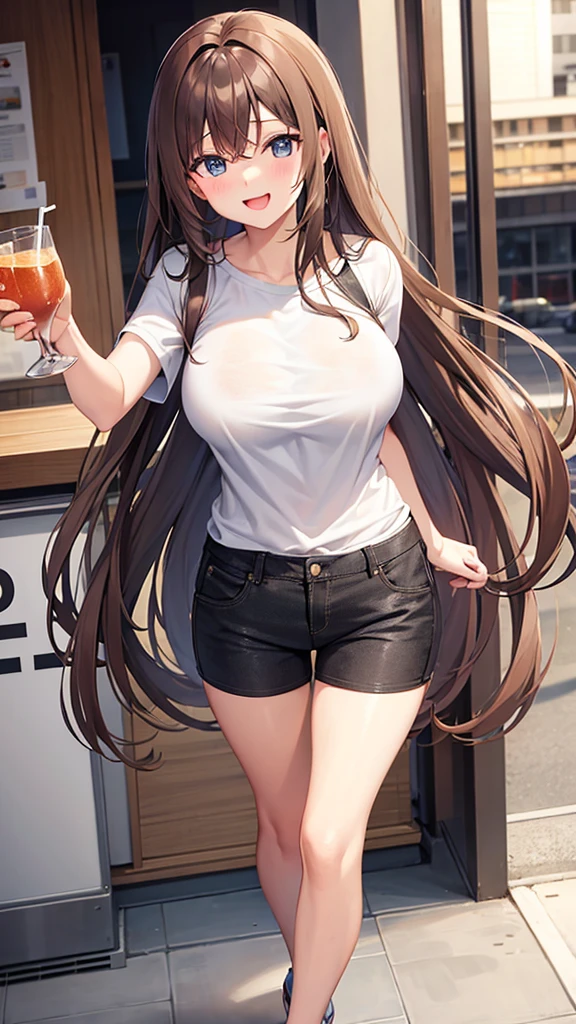 Brown Long Hair, Have a drink, shirt, Short Pants, laughing, 20-year-old, Big Breast, City