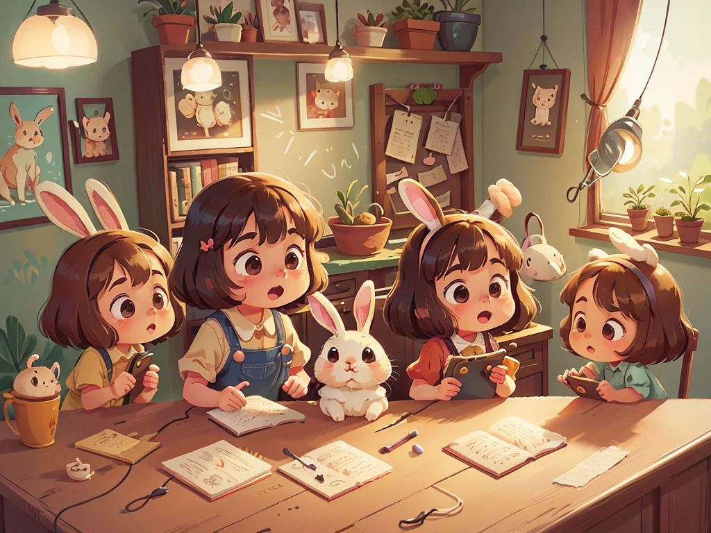 cute countertop,indoor scene,old-fashioned telephone,facial details,cute,little rabbit,children's illustration style,cartoon illustration
