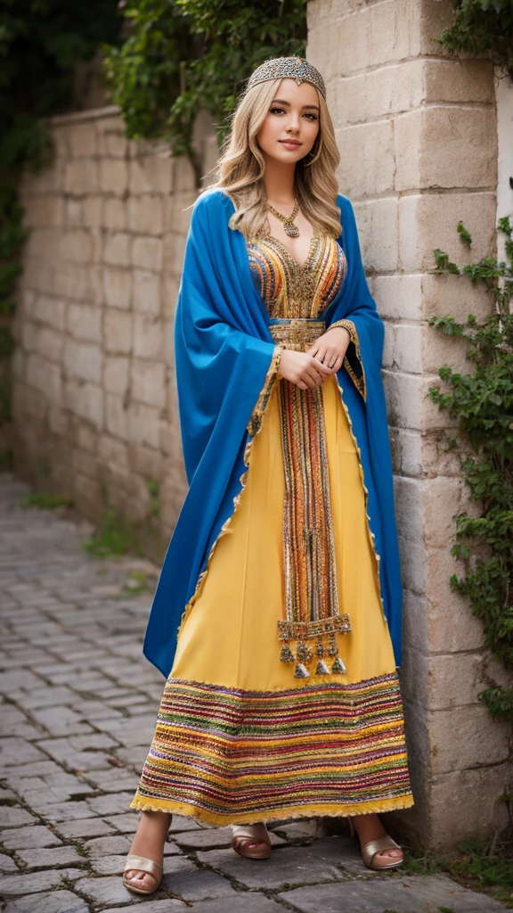 beautifull hot german blonde, robe kabyle, berber, amazigh dress, kabyledress, tizi ouzou, berber outfil, kabylegirl, bijoux, street background, full body, realistic,golden robe