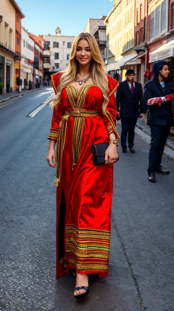 beautifull hot german blonde, robe kabyle, berber, amazigh dress, kabyledress, tizi ouzou, berber outfil, kabylegirl, bijoux, street background, full body, realistic,golden robe