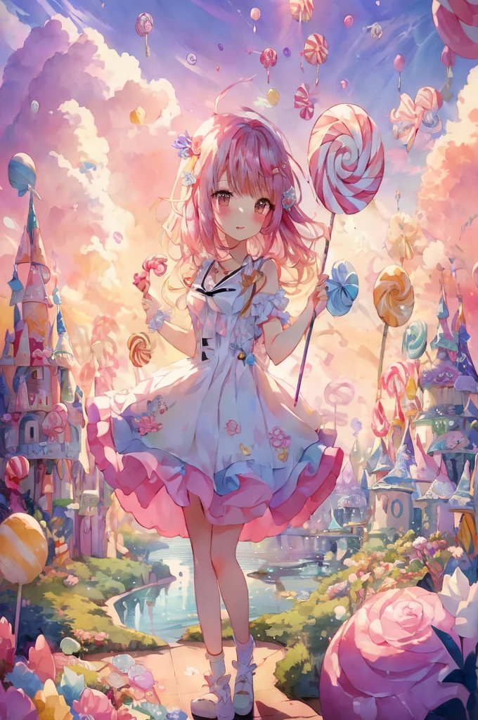 anime girl in a dress holding a lollipop in a candy land, splash art anime , cute detailed digital art, anime fantasy illustration, high detailed official artwork, anime fantasy artwork, portrait of magical girl, guweiz on pixiv artstation, official artwork, , guweiz on artstation pixiv, candy girl, anime style 4 k