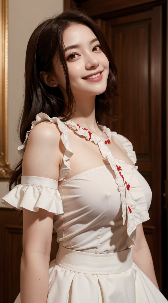 nude、Highest quality, masterpiece, Black Hair, Red eyes, look up, Upper Body, cute, Frilled shirt, smile,Redhead