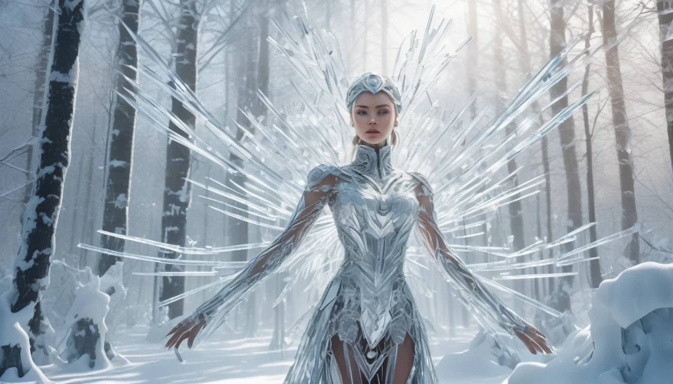 Futuristic transparent mechanical girl, standing in a snowy forest, winter concept art, Snowy and icy forest,Each branch is covered with sparkling ice crystals.,They resemble countless diamonds,It shines brightly,Tree branches seem embedded in snow and ice.,A forest formed from ice and snow, These ice crystals are exposed to sunlight.,brilliant,It's as if all the stars from the sky fell to earth.,Ice Mage, 4k fantasy art, Детализированное digital art 4k, ·, Высокодетализированное digital art 4K, Artgerm in detail, Ice Crystal Armor,that's all,lut,HDR,hyperrealistic fantasy art,Epic digital fantasy style,Beautiful sci-fi art, sci-fi digital art illustration,Science fiction, digital painting, футуристическая digital painting, Futuristic concept art, Against a backdrop of snowy sci-fi pine trees and ice flowers., Science fiction, digital art, Fantastic transparent unearthly girl