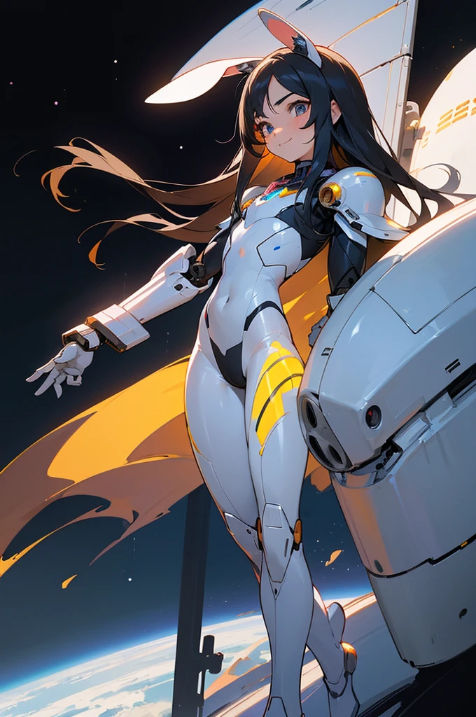 Perfect human body modeling, 1 girl, cute girl, pretty face, bitter smile, 12 years old, Beautiful black long hair, beautiful eyes, flat chest, small build, No muscles, white skin, Rabbit ears in robot style, powered armor, full armor, powered leg, metroid armor, Space suits, planetary exploration