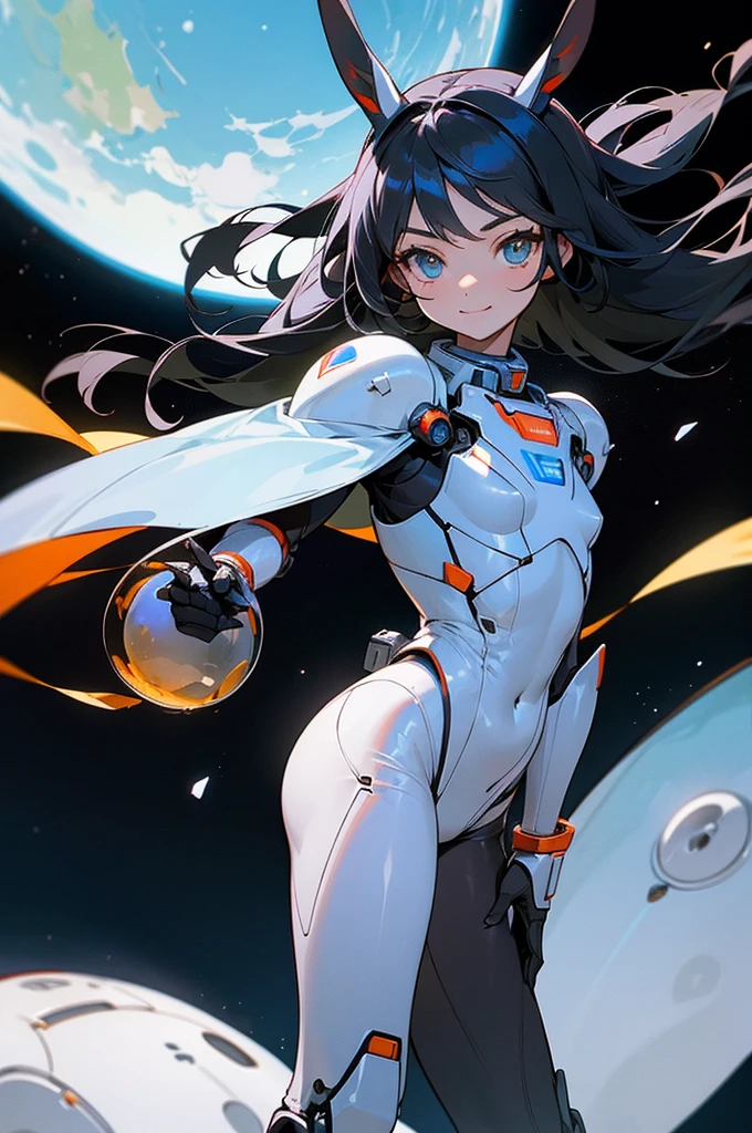 Perfect human body modeling, 1 girl, cute girl, pretty face, bitter smile, 12 years old, Beautiful black long hair, beautiful eyes, flat chest, small build, No muscles, white skin, Rabbit ears in robot style, powered armor, full armor, powered leg, metroid armor, Space suits, planetary exploration