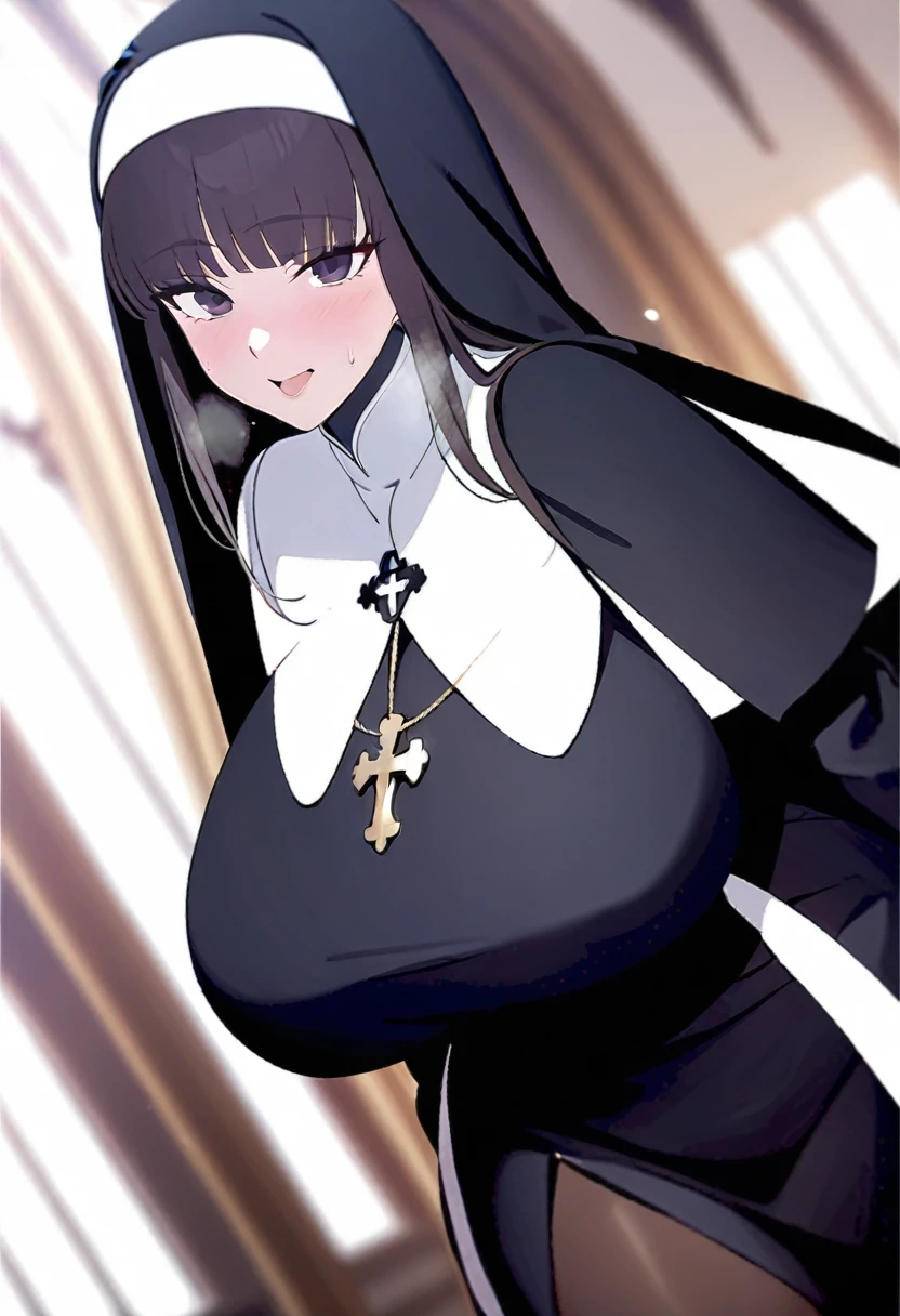 1 girl, (masterpiece), best quality, expressive eyes, perfect face, large nun skirt, capelet, black hair, long hair, black eyes, chubby, giant breats, big hips, curvy, blunt bangs, tall, brown boots