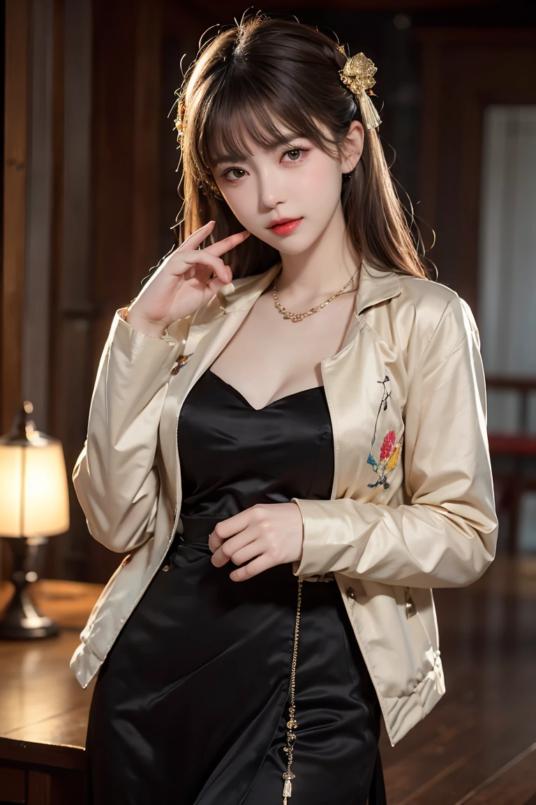 best quality, masterpiece, highres, (exquisite body:1.5),gorgeous face,(milky skin:1.3),intricate details,high resolution,wallpaper, 1girl, solo, dress, hair ornament, (((black dress and jacket))), flowers, long hair, brown hair, open mouth, jewelry,  hand up,  big eyes,floating hair,  hanfu, embroidery, long skirt, natural pose, falling petals, indoor,fanning, lantern, 16K,HDR,highres,depth field,(film grain:1.1),boken,golden hour,(lens flare),vignette,rainbowing,(color grading:1.5) ,golden necklace