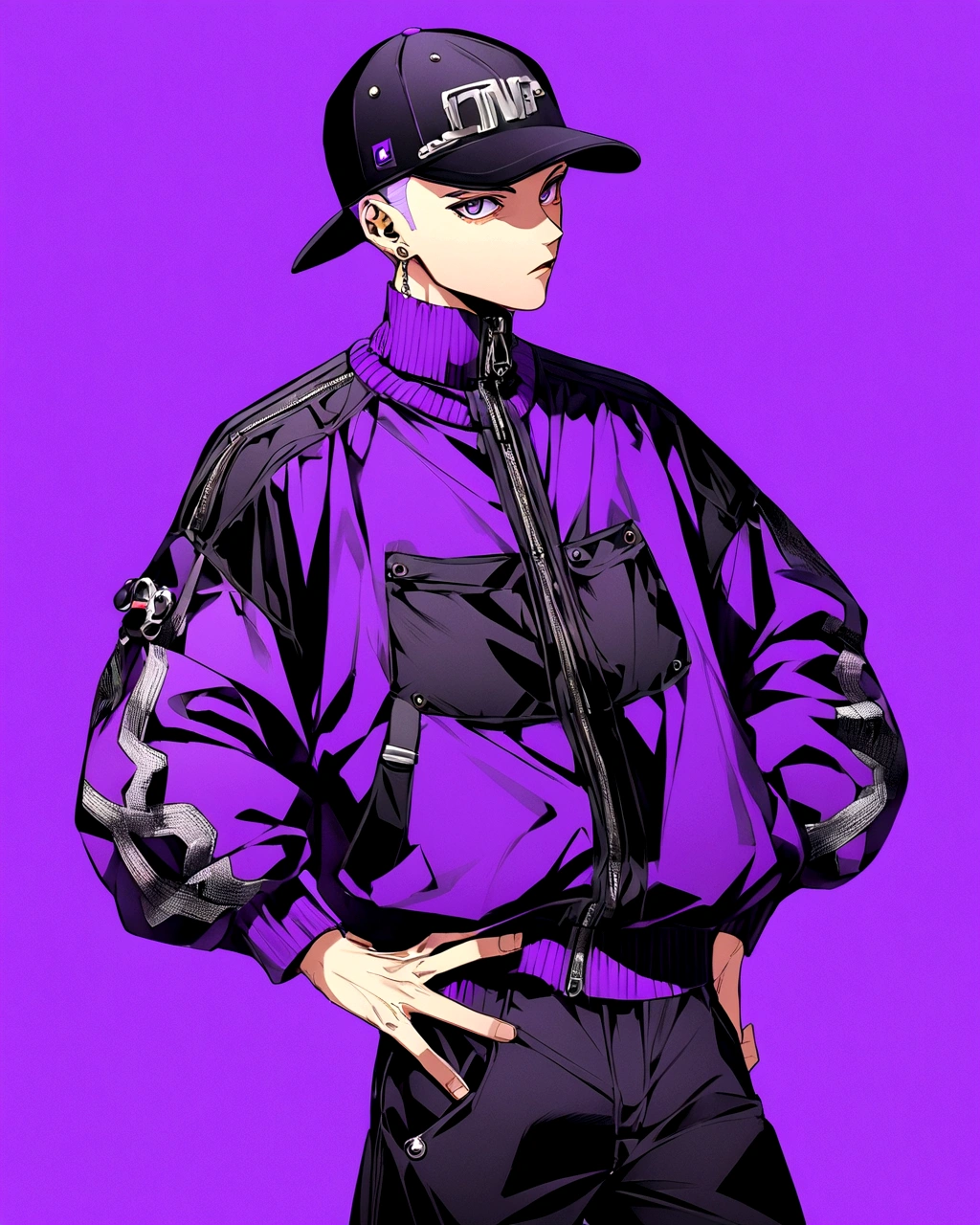 Create an anime-style illustration of a boy's character with a solid purple color background. The boy should be wearing a hip-hop style cap, purple sneakers, and a purple sweater paired with black pants. . The overall look should convey a trendy and sporty vibe."