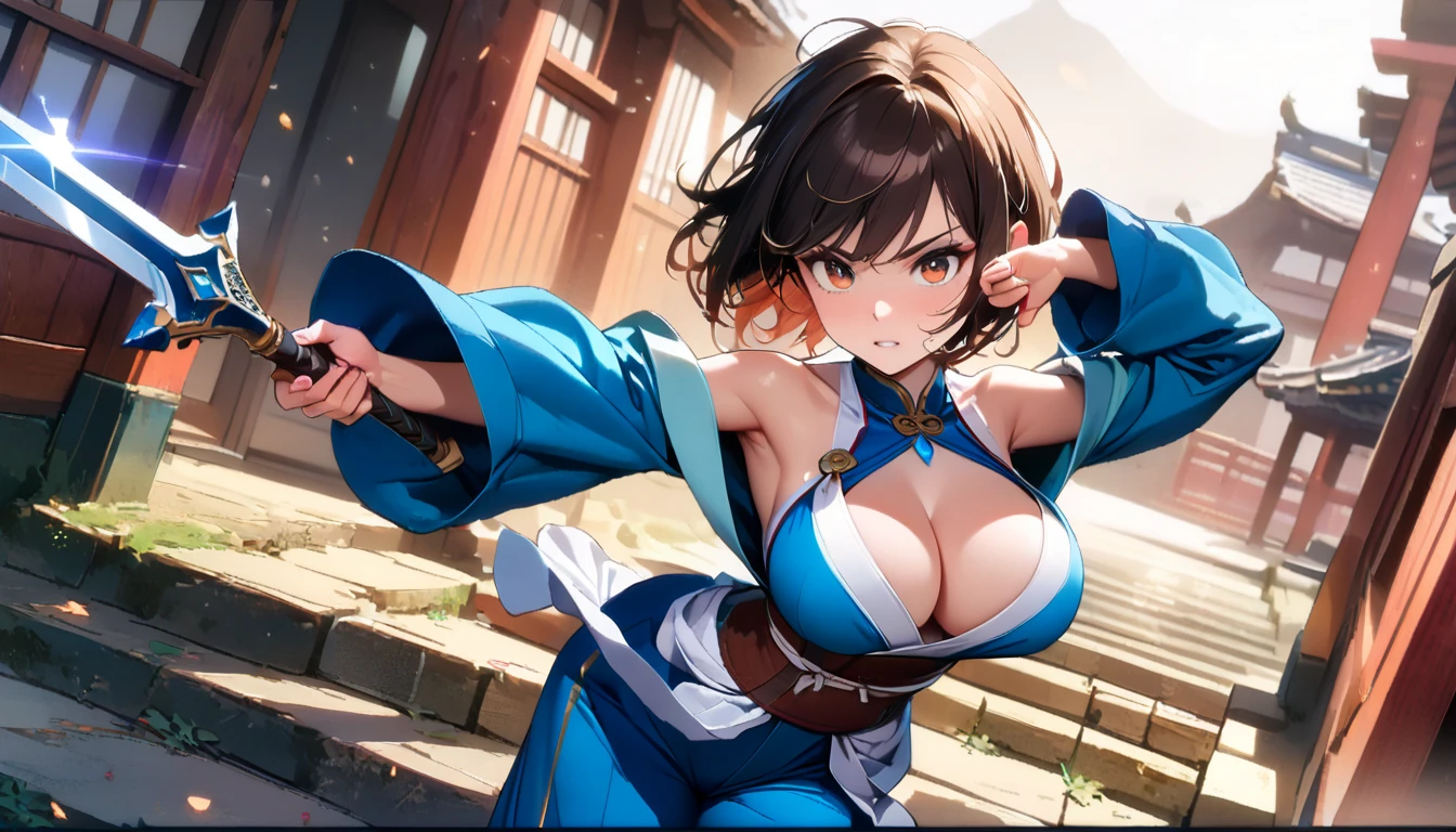 best quality,4k,8k, highres, masterpiece:1.2), extremely detailed eyes, extremely detailed body, (large masterpiece digital art), (detailed manga illustration), (detailed line art), ((perfect anatomy)), (intricate details:1.3), (ultra-detailed:1.3), (illustration:1.3), (sharp focus:1.3), (natural lighting:1.05), (vivid colors:1.3), (masterpiece), best quality, expressive eyes, perfect face, 1 girl, breasts, cleavage, gloves, large breasts, traditional clothes, cerulean clothes, black hair, short hair, messy hair, dark brown eyes, hourglass physique, loose-fitting pants, fighting stance, large ass, pale skin, shrine maiden, tomboy, combat boots, cinematic lighting, dramatic atmosphere, Beautiful woman, dragon spear in hand, Jeff Bridges, ((cartoon style)), Marvel Cinematic Universe style, (((Japanese shrine in the background))), soft bokeh of Japan, Atey Ghailan, Jeremy Mann, Greg Manchess, Antonio Moro, trend in ArtStation, trend in CGSociety, Intricate, High Detail, Sharp focus, dramatic and photorealistic painting art by Midjourney and Greg Rutkowski,