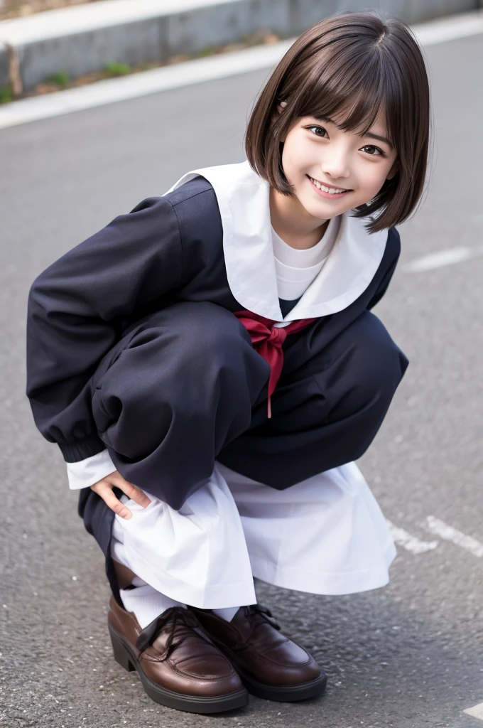 (One Girl)、smile、Dark brown short hair、high school girl、Sailor suit、look up、squat、invite