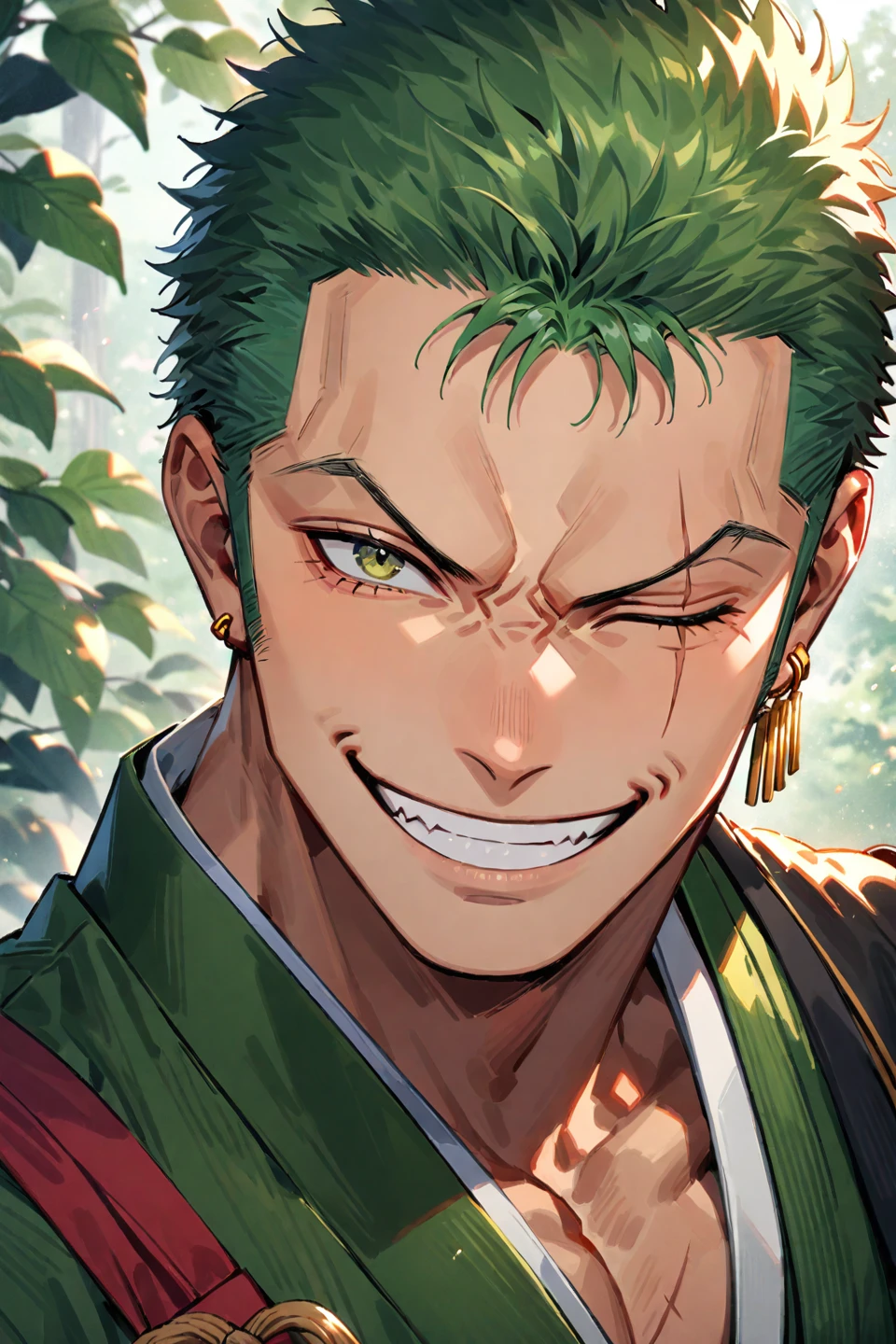 roronoa zoro, male focus, 1boy, smile, green hair, solo, scar across eye, earrings, jewelry, one eye closed, short hair, grin, portrait, japanese clothes, kimono, scar, looking at viewer, sideburns, scar on face, single earring, close up, green kimono --style 1 --preset 3, ((medium quality)), ((medium quality))