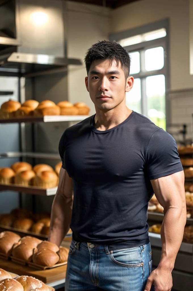 30 years old, Big eyes, Chinese man, stubble, White finger, Big muscles, exaggerated muscles, mature man, Swollen muscles, bodybuilding physique, chest muscles, abdomen, in a bakery, lots of bread, short sleeve, baker, jeans, natural light, wet, Wheat color skin, 1 person, stand