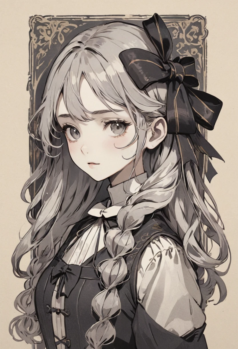 masterpiece、super beautiful、8K、Asymmetric、Long wavy ribbon、flat、An illustration of a ribbon tied in a bowknot, drawn with worn lines in the style of medieval black and white letterpress printing.