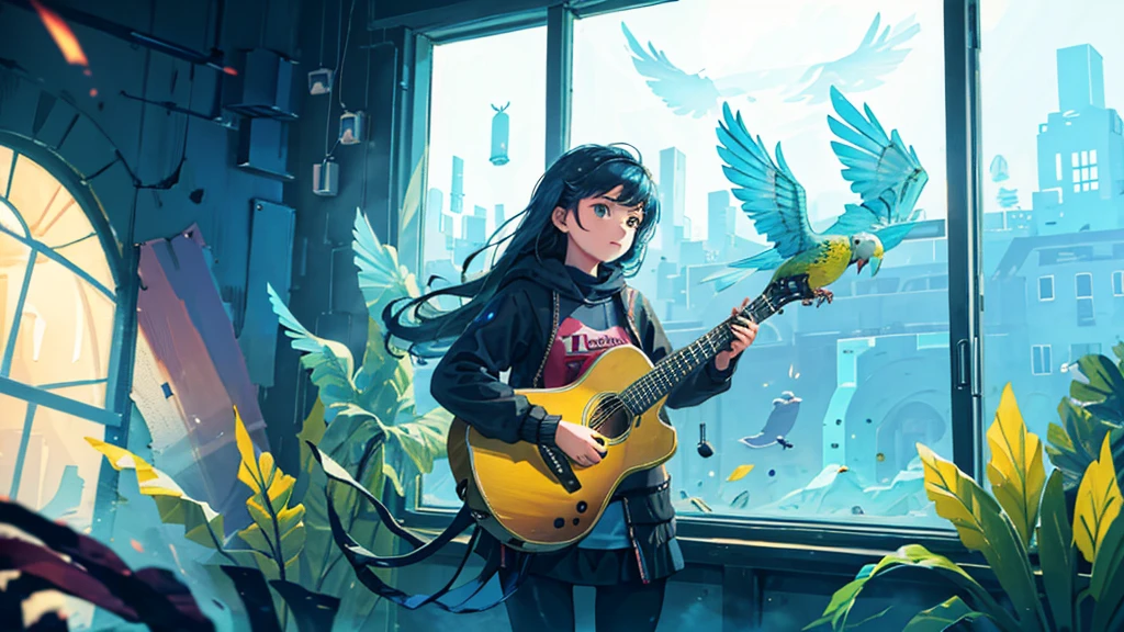 A girl around 15 years old is playing the acousticguitar and looking out the window.
In the background is a large window and a budgerigar.parakeet.