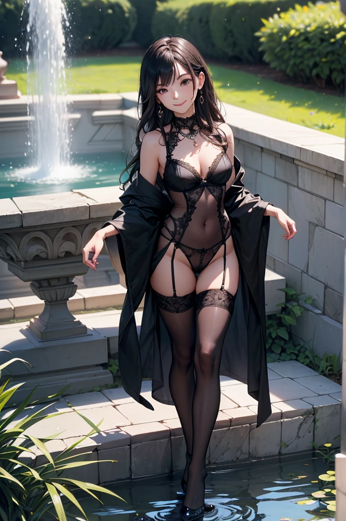 ((Biologically correct limb count))、((Full Body Shot, Full-body photo including face、Head to toe photos))、4K、masterpiece、((Focus on the face))、((Symmetrical facial features))、Eyes of meticulous depiction、One beautiful woman、Excellent style、((Shiny black stockings、Lingerie、High heels、Lace pants))、Detailed Description、Small earrings、necklace、((Sitting on the edge of a fountain in a park early in the morning, looking up and smiling))、Low-angle full-body close-up photo、(Panty shot)、Focus on the face
