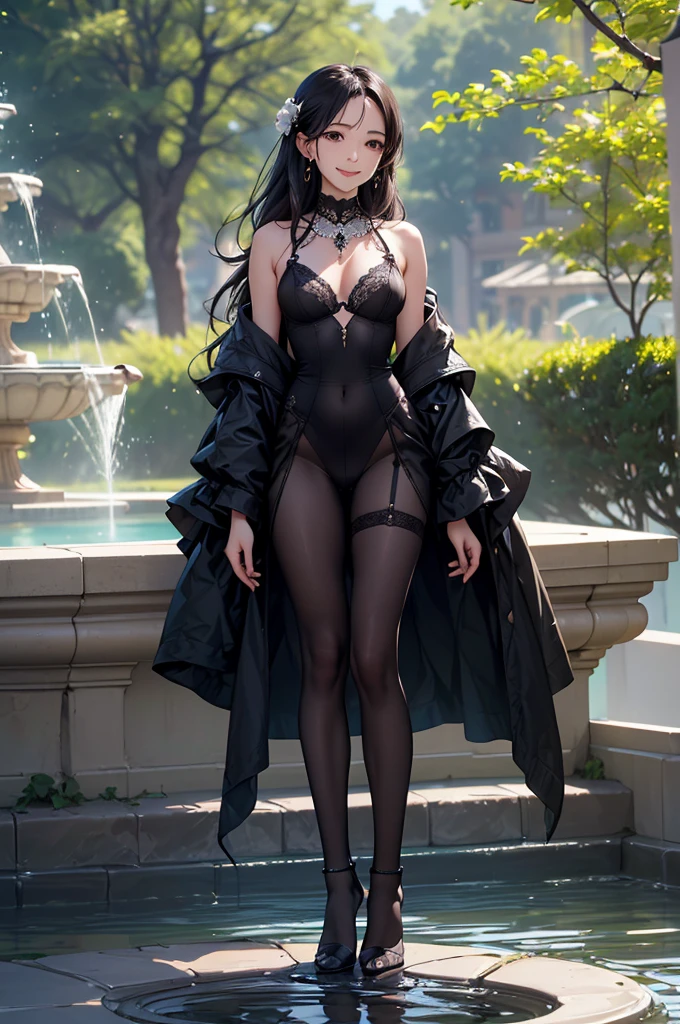 ((Biologically correct limb count))、((Full Body Shot, Full-body photo including face、Head to toe photos))、4K、masterpiece、((Focus on the face))、((Symmetrical facial features))、Eyes of meticulous depiction、One beautiful woman、Excellent style、（(Shiny black stockings、Lingerie、High heels、Lace pants)）、Detailed Description、Small earrings、necklace、((Sitting on the edge of a fountain in a park early in the morning, looking up and smiling))、Low-angle full-body close-up photo、(Panty shot)、Focus on the face