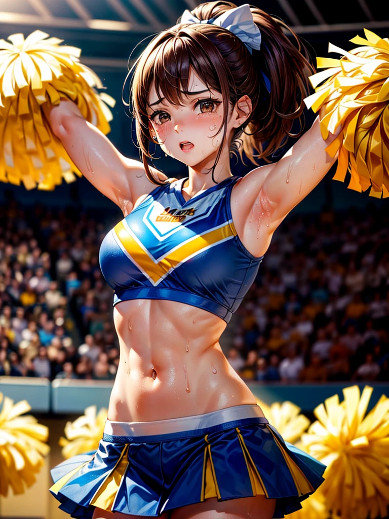 Highest Resolution,Highest quality,((Cheerleader holding a sports drink))A beautiful girl with a crying face,sunny,Tears and saliva dripping,Brown hair ponytail,Sweating profusely,whole body,Belly button,Abdominal muscles,