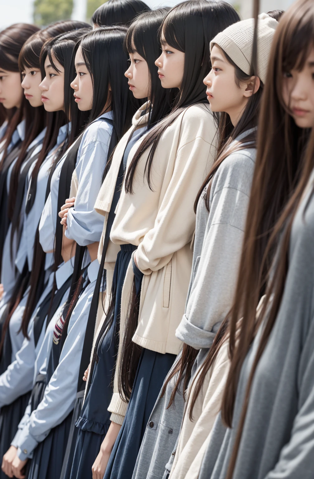 A group of 10 female students standing in a row、Women's dormitory、Jersey、slender、Are thin、Blonde、Brown Hair、Black Hair、Huge 、Cleavage、Daytime、String Panties Thighs Thighs、Spread your legs wide、Short sleeve white shirt、Sexy、adultery、Amorous、Nipples