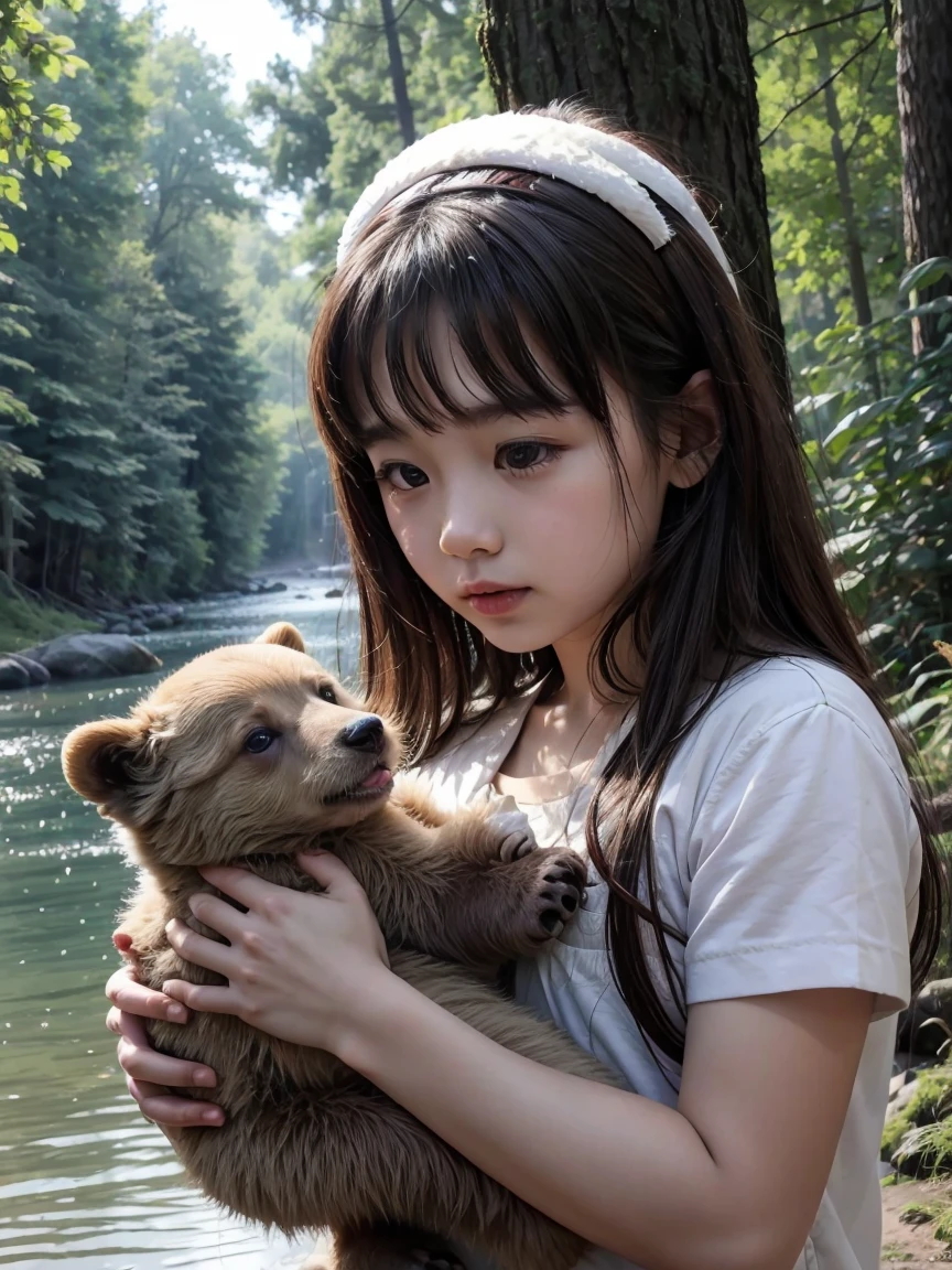 (Best quality), girl about , close-up, In the woods, on riverside, hut, girl in a short gray dress, Ancient Style, two bear cubs on the shore, noon, Beautiful landscape, without headdress