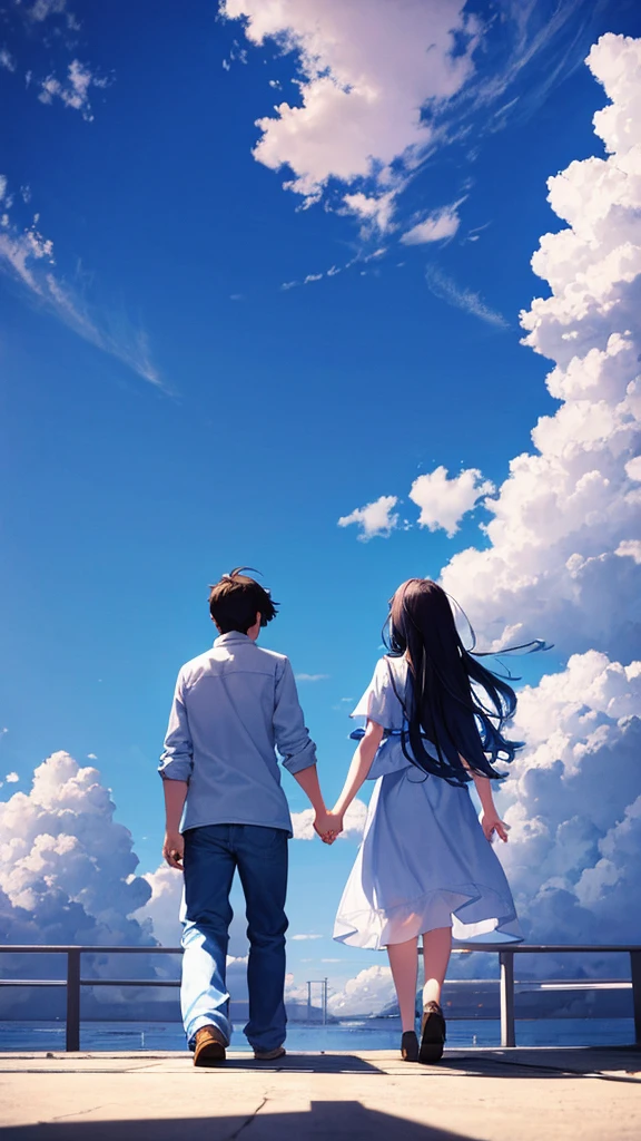 The main theme is the blue sky with white clouds floating in it. Back view of a man and woman holding hands Casual clothing An illustration