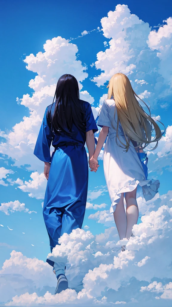 The main theme is the blue sky with white clouds floating in it. Back view of a man and woman holding hands Casual clothing An illustration