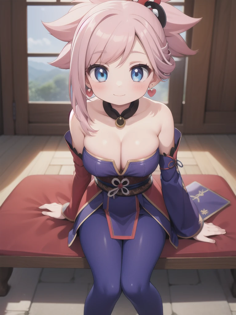 master-piece, bestquality, 1girls,16 years old, View viewers from the up, sit down, leaning forward, horny, HD, slight smile, big tits, cleavage, tights cloth, heart shape pupille, tiny body, bare shoulders, detached sleeves, elbow sleeve, miyamoto musashi, asymmetrical hair, blue eyes, earrings, hair ornament, pink hair, ponytail, sidelocks,