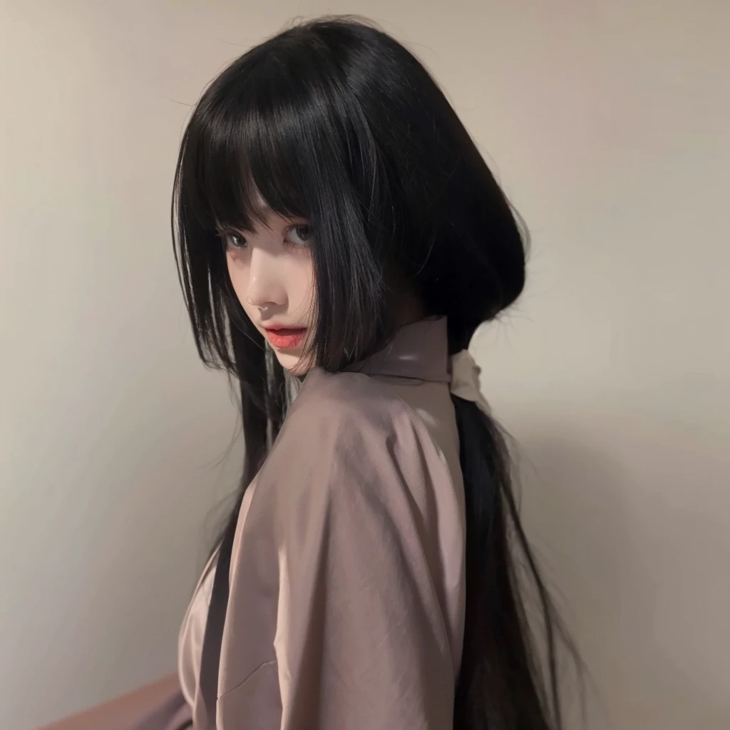 Princess cut long straight hair,Natural and beautiful hair,Color uniform black,Pure color background advanced simplicity