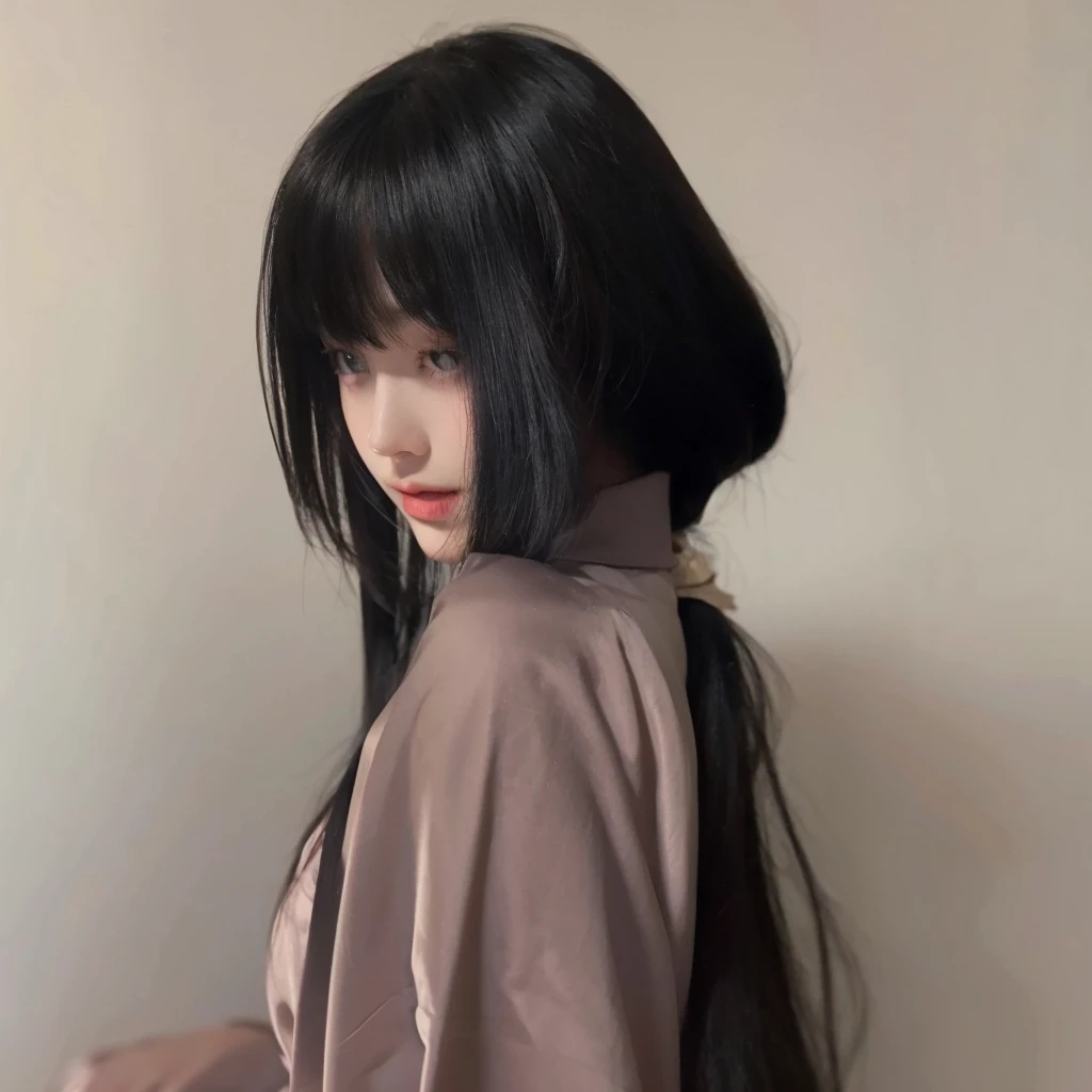 Princess cut long straight hair,Natural and beautiful hair,Color uniform black,Pure color background advanced simplicity