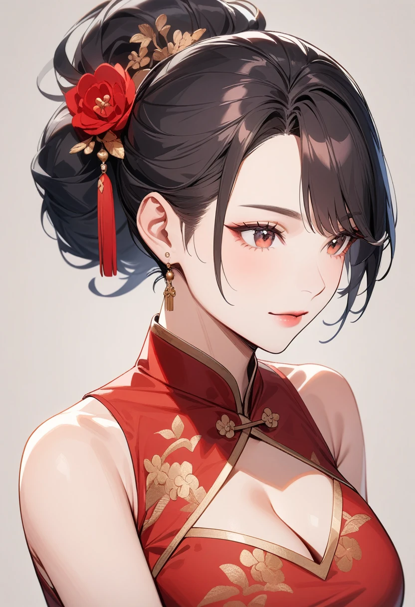 Mature women,Black long hair,Hair up,Red cheongsam,Cleavage,Bare shoulders,Extremely detailed,high resolution,Simple background