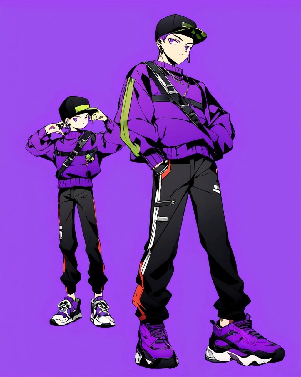 Create an anime-style illustration of a boy's character with a solid purple color background. The boy should be wearing a hip-hop style cap, purple sneakers, and a purple sweater paired with black pants. . The overall look should convey a trendy and sporty vibe."