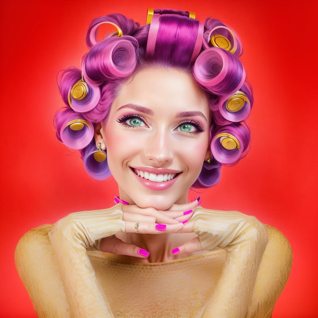 a close-up of a woman with curlers on her head, gigantic pink curls, permed hair, glamor hairstyle, redahair and attractive features, styled hair, Poster, Poster, hairspray, 80s hairstyle, Rapier, 50s style infomercial, Poster, Retro style of the 50s