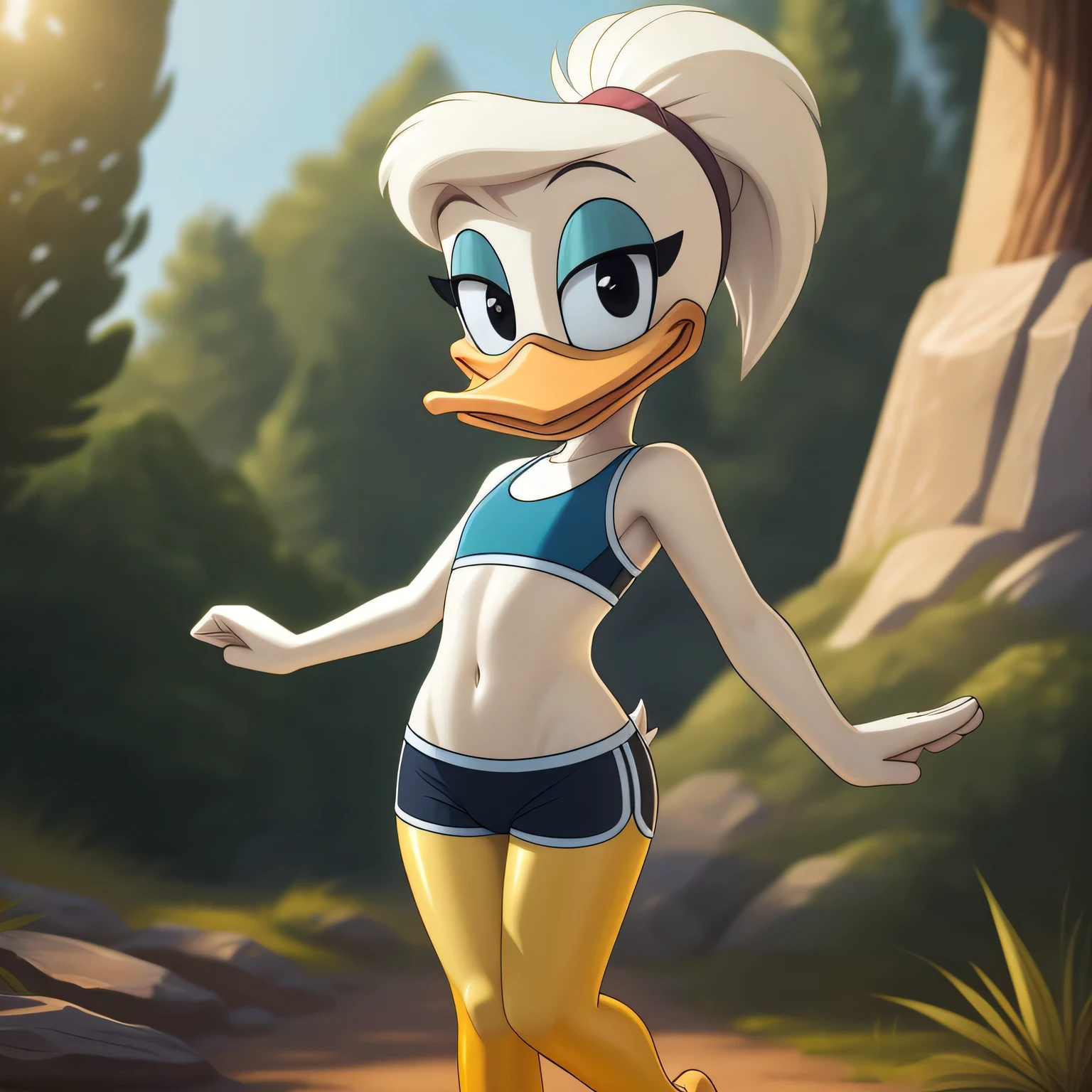 photorealism, duck, Lucie Duck, detailed background, outside, eyeshadow, cyan ponytail hairstyle, cartoon, (flat chested), (yellow legs: 1.5), smiling, happy, ducktales

wear white sports bra, tight white shorts, stretching her arms, intricate, detailed

simple black eyes, detailed, intricate, long skinny torso, (showing her torso)

highest quality, (detailed white skin:1.3), (looking at the viewer), (soft cinematic light:1.1) ,