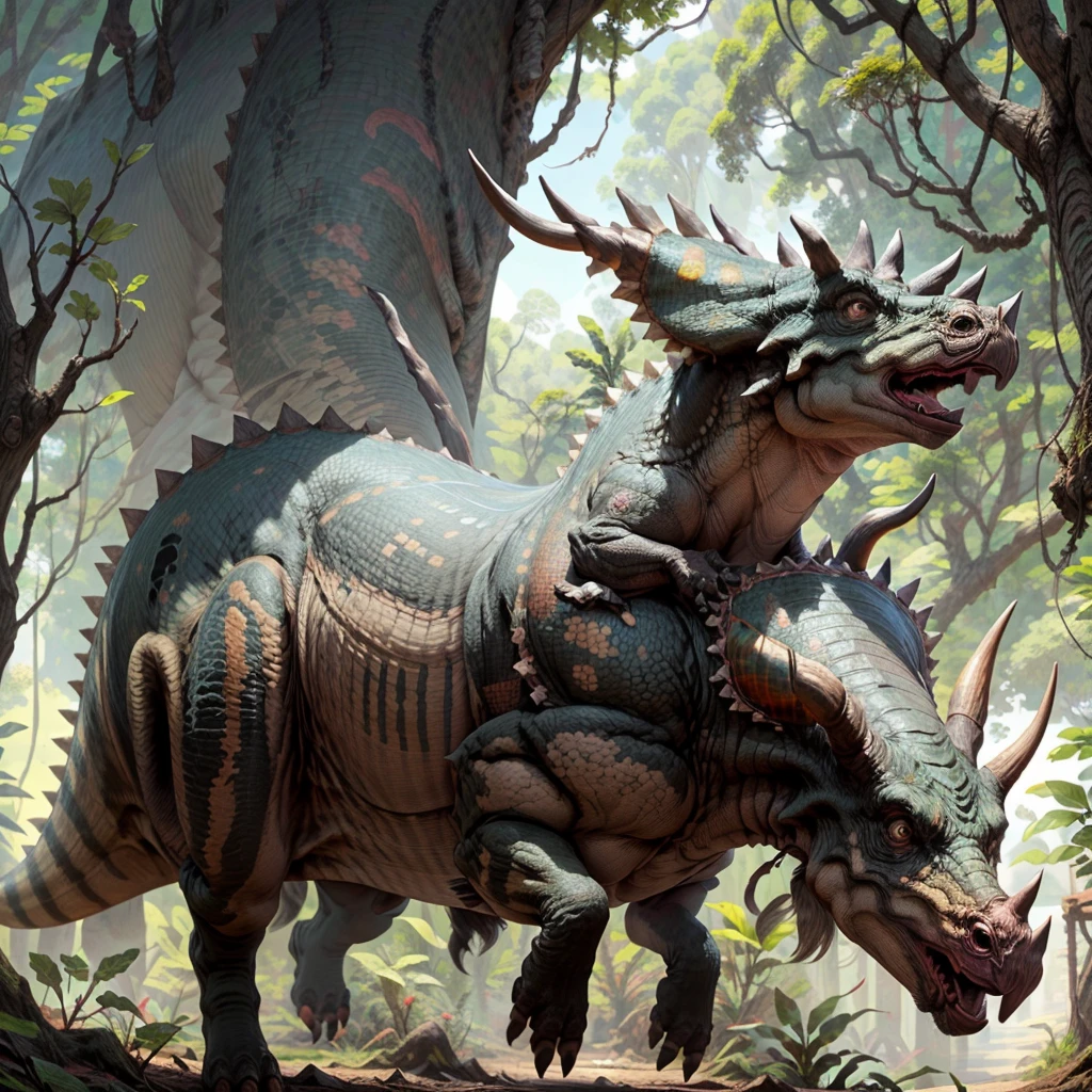 masterpiece, best quality,
girl riding a triceratops, human face, leather armor, riding monster, (detailed lush jungle background),
Triceratops_Dinosaur,  Jurassic jungle, 