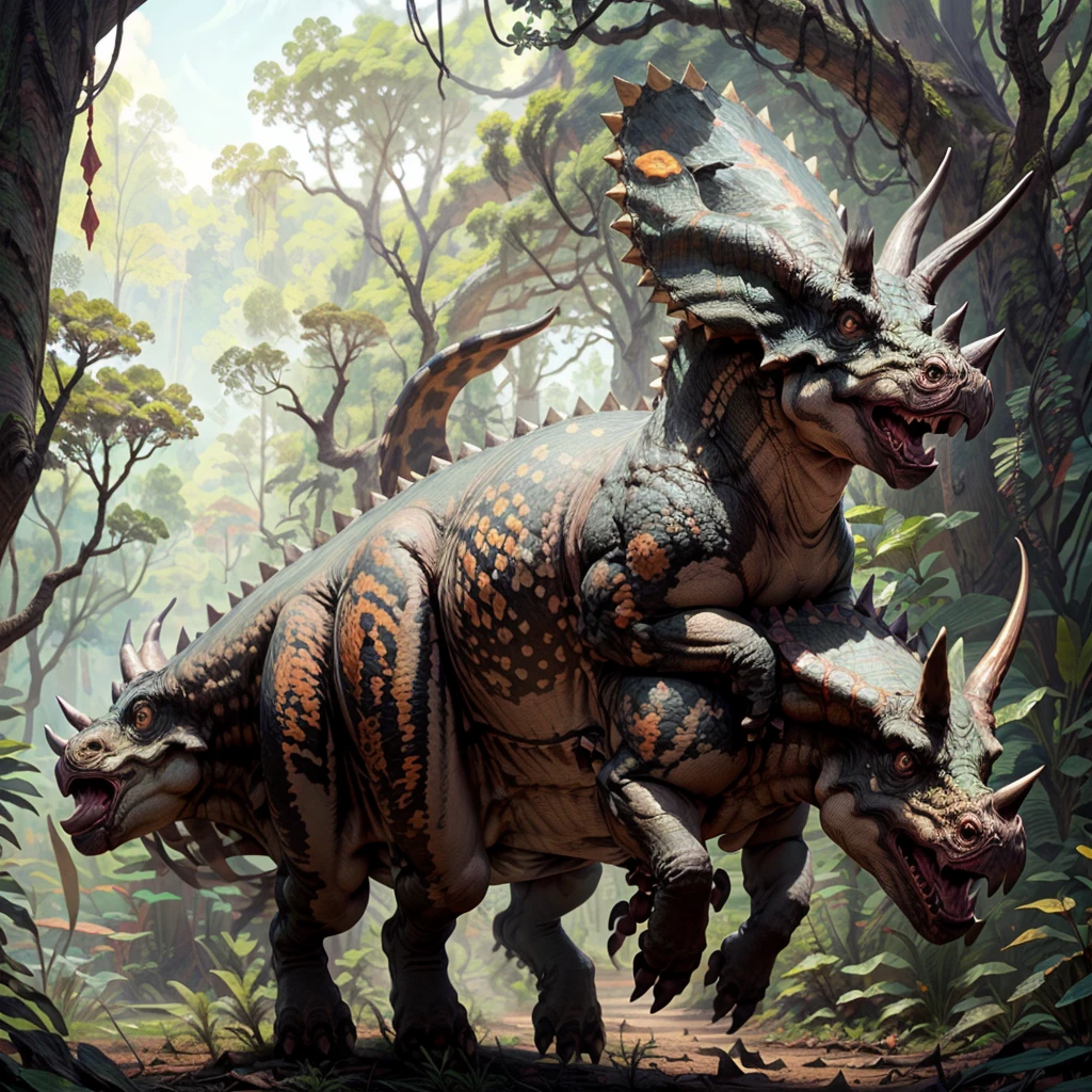 masterpiece, best quality,
girl riding a triceratops, human face, leather armor, riding monster, (detailed lush jungle background),
Triceratops_Dinosaur,  Jurassic jungle, 