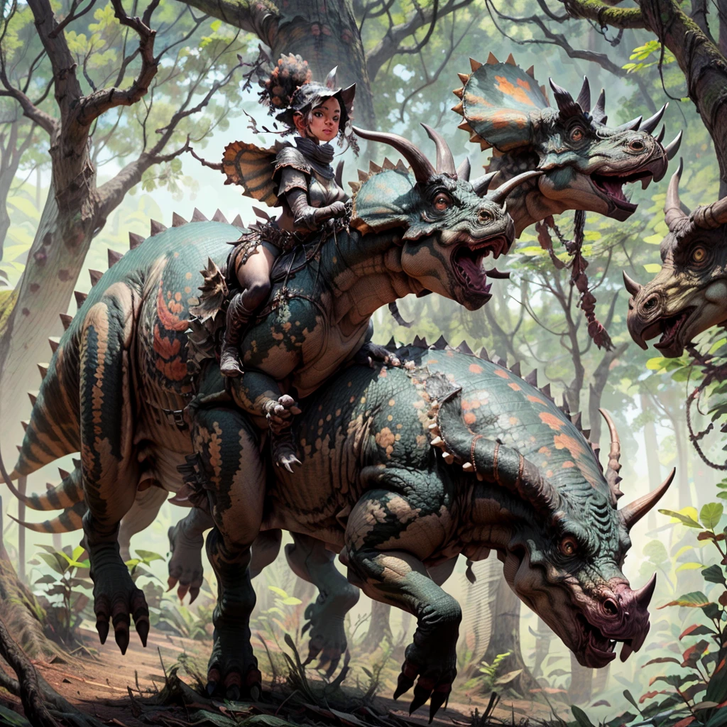 masterpiece, best quality,
girl riding a triceratops, human face, leather armor, riding monster, (detailed lush jungle background),
Triceratops_Dinosaur,  Jurassic jungle, 